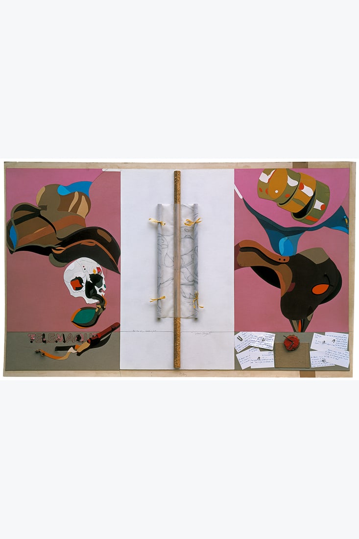 Hervé Télémaque (1937-2022) Haut lieu axe, cravache-parole, 1978 Collage of paper and: Hervé Télémaque (1937-2022) Haut lieu axe, cravache-parole, 1978 Collage of paper and wood on cardboard Signed, dated and titled at the bottom centre of the collage 93 x 160 cm Provenan