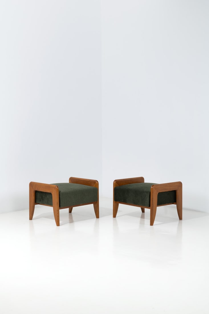 Gio Ponti (1891-1979) Pair of stools: Gio Ponti (1891-1979)Pair of stoolsChestnut and fabricEdited by Casa e GiardinoModel created in the 1930s-1940sH 53,5 × L 76,5 × W 66 cmExpertise conducted by the Gio Ponti Archives.