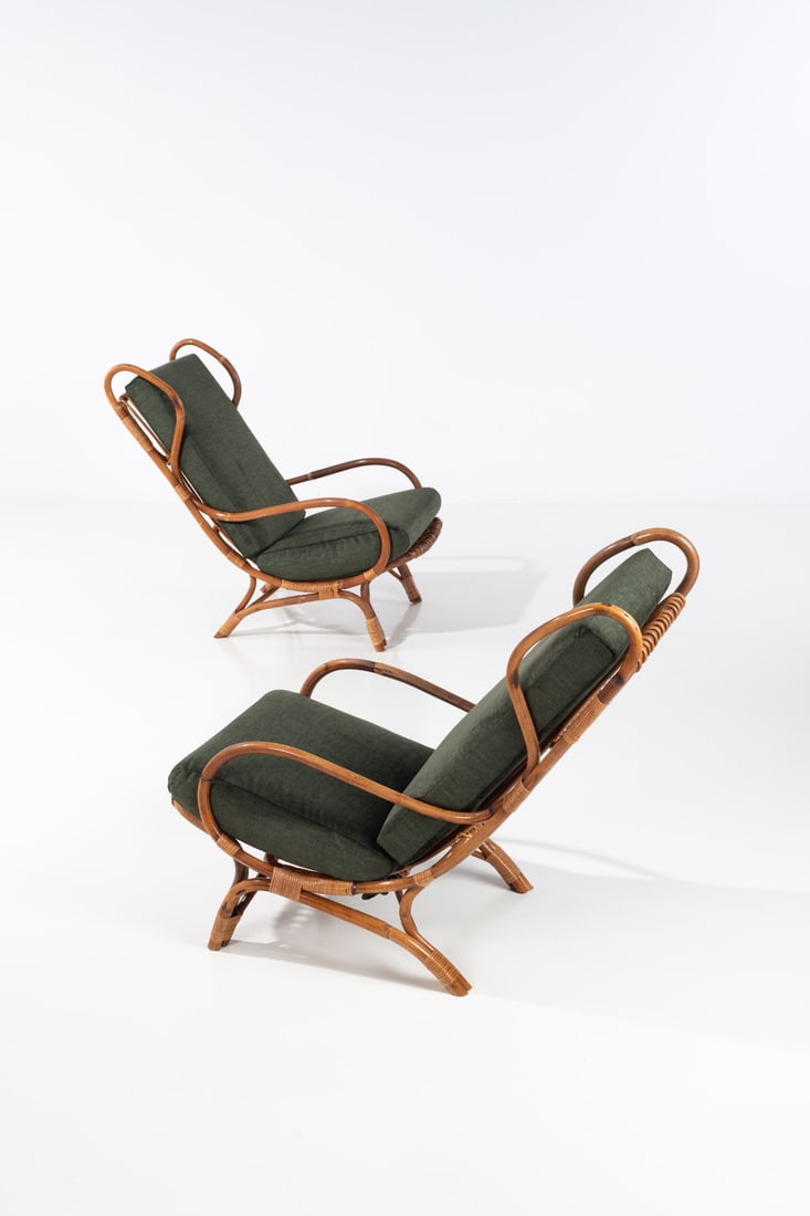 Gio Ponti (1891-1979) Pair of armchairs - Model BP 16, 'Continuum': Gio Ponti (1891-1979)Pair of armchairs - Model BP 16, 'Continuum'Rattan and fabricEdited by BonacinaModel created circa 1963H 96 × L 62 × W 104 cmBibliography: G. Gramigna, 'Repertorio delDe