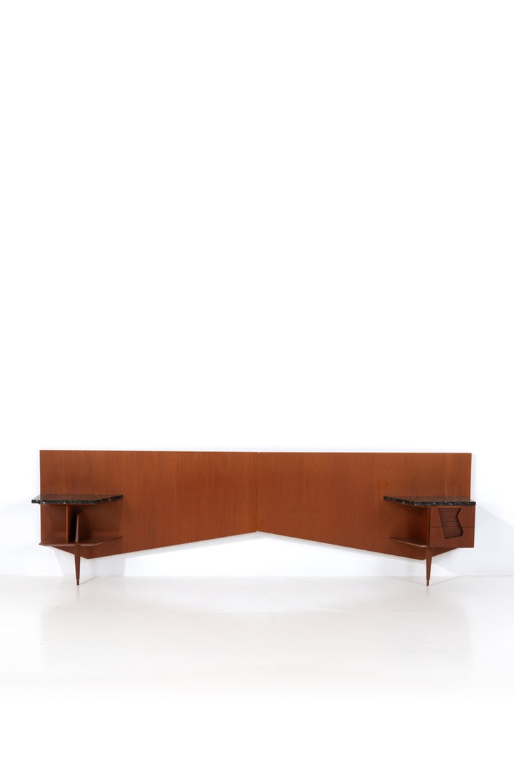 x Gio Ponti (1891-1979) Headboard: x Gio Ponti (1891-1979)HeadboardWalnut, marble and glassEdited by Giordano ChiesaModel created circa 1950H 79 × L 270 × W 31 cmExpertise conducted by the Gio Ponti Archives.