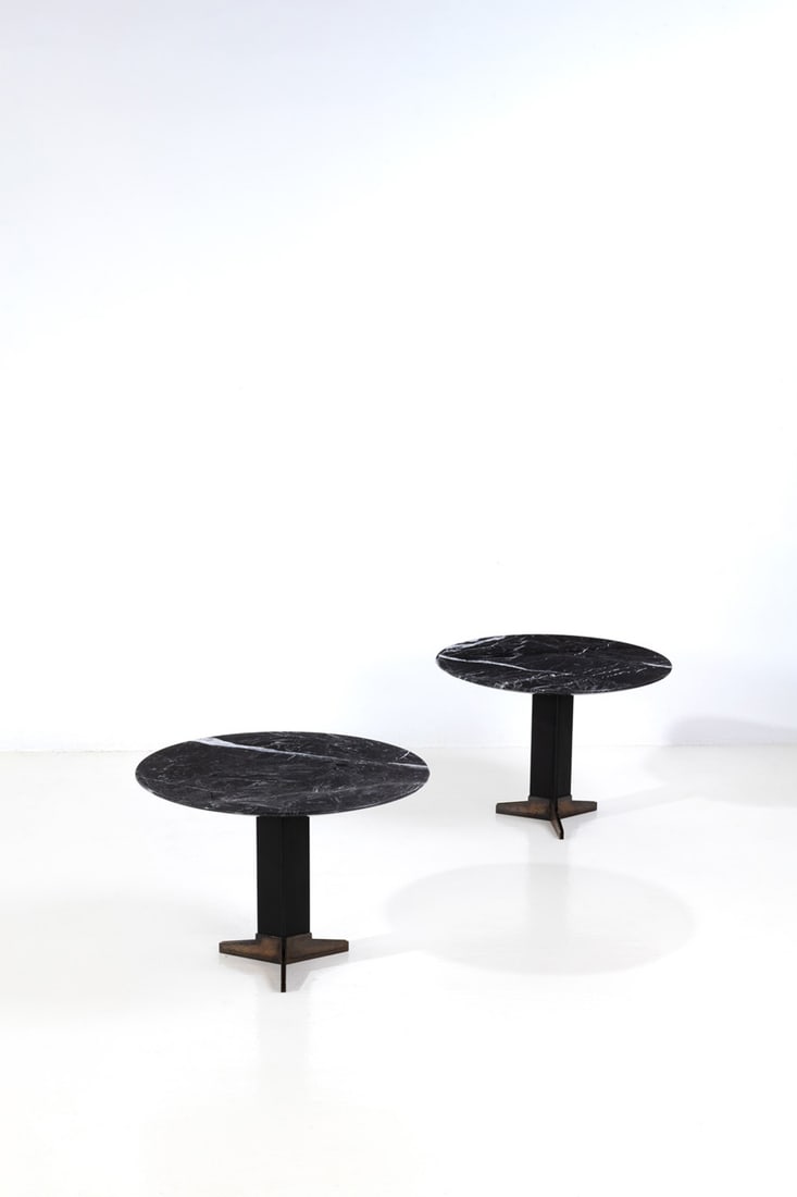 Ignazio Gardella (1905-1999) Pair of side tables: Ignazio Gardella (1905-1999)Pair of side tablesMarble, lacquered metal and brassEdited by AzucenaModel created circa 1959H 42 × Ø 60 cm