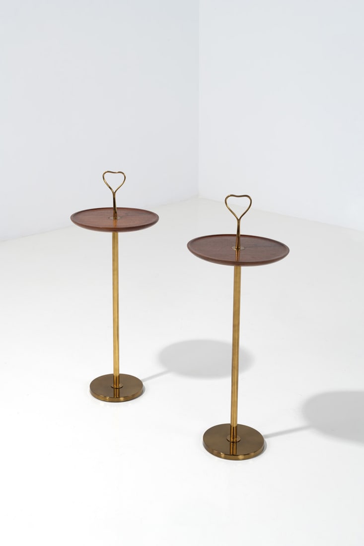 Paolo Buffa (1903-1970) & Antonio Cassi Ramelli (1905-1980): Paolo Buffa (1903-1970)& Antonio Cassi Ramelli (1905-1980)Pair of side tablesWalnut and brassModel created circa 1950H 74 × Ø 28 cmProvenance : Model created for the Grand HôtelPlaza,
