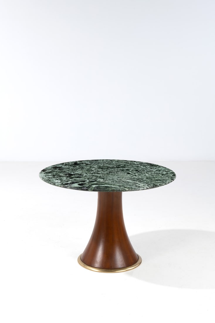Paolo Buffa (1903-1970) Table: Paolo Buffa (1903-1970)TableWalnut and Vert Maurin marbleEdited by Mario QuartiModel created circa 1952H 63 × Ø 90 cm