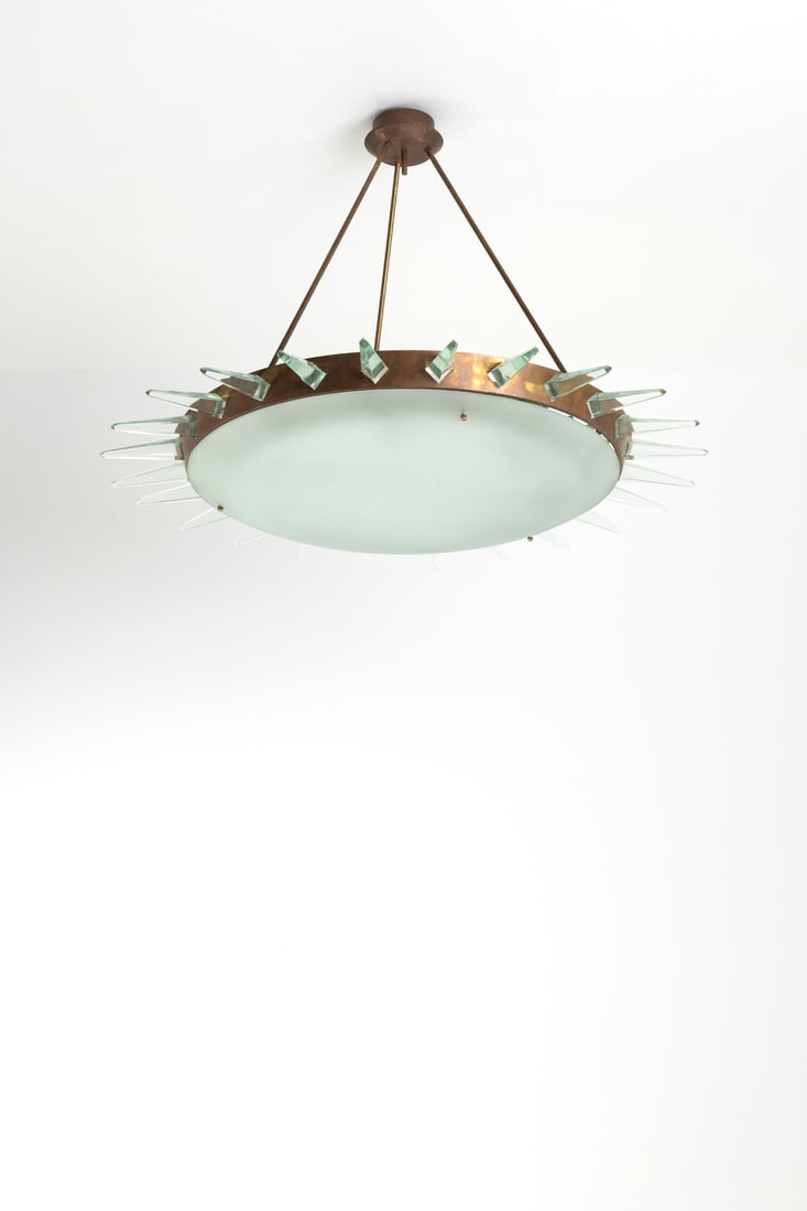 Max Ingrand (1908-1969) Suspension: Max Ingrand (1908-1969)SuspensionBrass, stained glass and satin glassEdited by Fontana ArteModel created circa 1956H 80 cm × Ø 108 cmBibliography: F. Deboni, Fontana Arte, Ed.Umberto Alleman