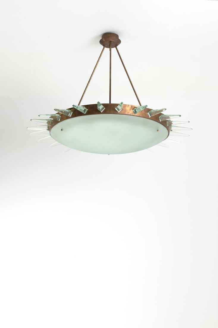 Max Ingrand (1908-1969) Suspension: Max Ingrand (1908-1969)SuspensionBrass, stained glass and satin glassEdited by Fontana ArteModel created circa 1956H 80cm×Ø 108 cmBibliography: F. Deboni, 'Fontana Arte', Ed.Umberto Allemand