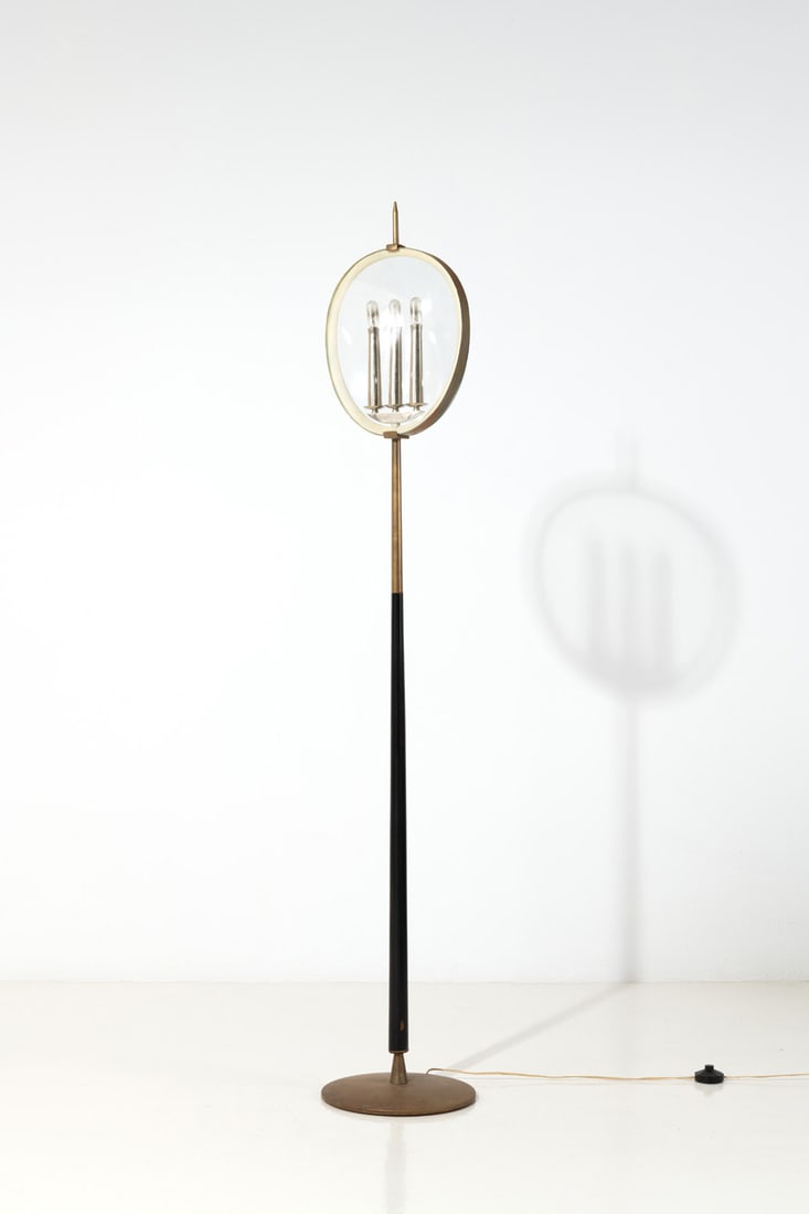 Max Ingrand (1908-1969) Floor lamp - Model no. 1569, 'Trident': Max Ingrand (1908-1969)Floor lamp - Model no. 1569, 'Trident'Brass, lacquered wood and glassEdited by Fontana ArteModel created circa 1955H 190 × Ø 35 cmBibliography:- F. Deboni, 'Fontana