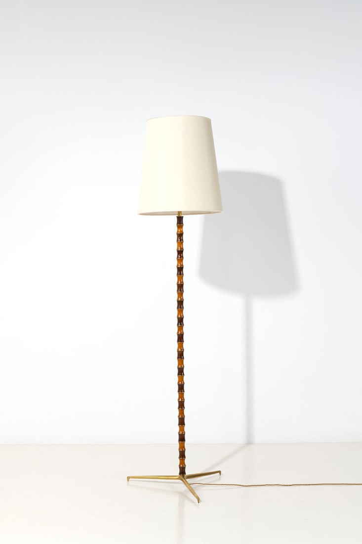 Gino Sarfatti (1912-1985) Floor lamp - Variant of model T00101: Gino Sarfatti (1912-1985)Floor lamp - Variant of model T00101Patinated metal, lacquered metal, stained birch,brass and fabricEdited by ArteluceModel created circa 1942H 190 × Ø 56