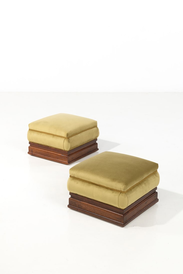 Gio Ponti (1891-1979) Pair of hassocks: Gio Ponti (1891-1979)Pair of hassocksWalnut and fabricEdited by Mario QuartiModel created in the 1930sH 31 × L 45 × W 45 cmExpertise conducted by the Gio Ponti Archives.