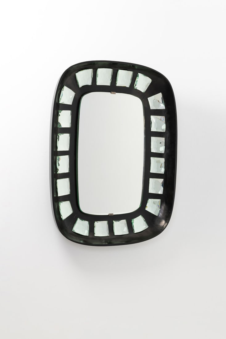 Max Ingrand (1908-1969) Mirror - Model 2245: Max Ingrand (1908-1969)Mirror - Model 2245Lacquered wood and mirrored stained glassEdited by Fontana ArteModel created circa 1960H 110 × L 85 × W 16 cmBibliography: Quaderni Vitrum no. 8, 'S