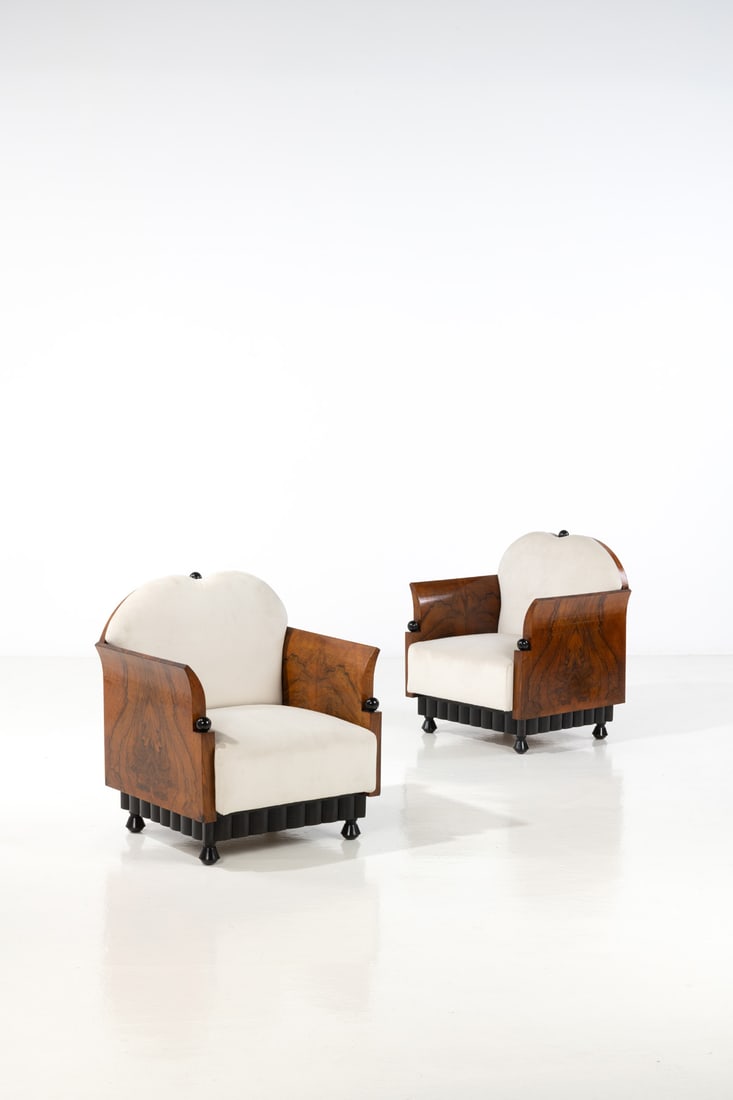 Gio Ponti (1891-1979) Pair of armchairs: Gio Ponti (1891-1979)Pair of armchairsWalnut veneer, blackened wood and fabricEdited by La RinascenteModel created in the 1930sH 78 × L 66 × W 62 cmExpertise conducted by the Gio Ponti