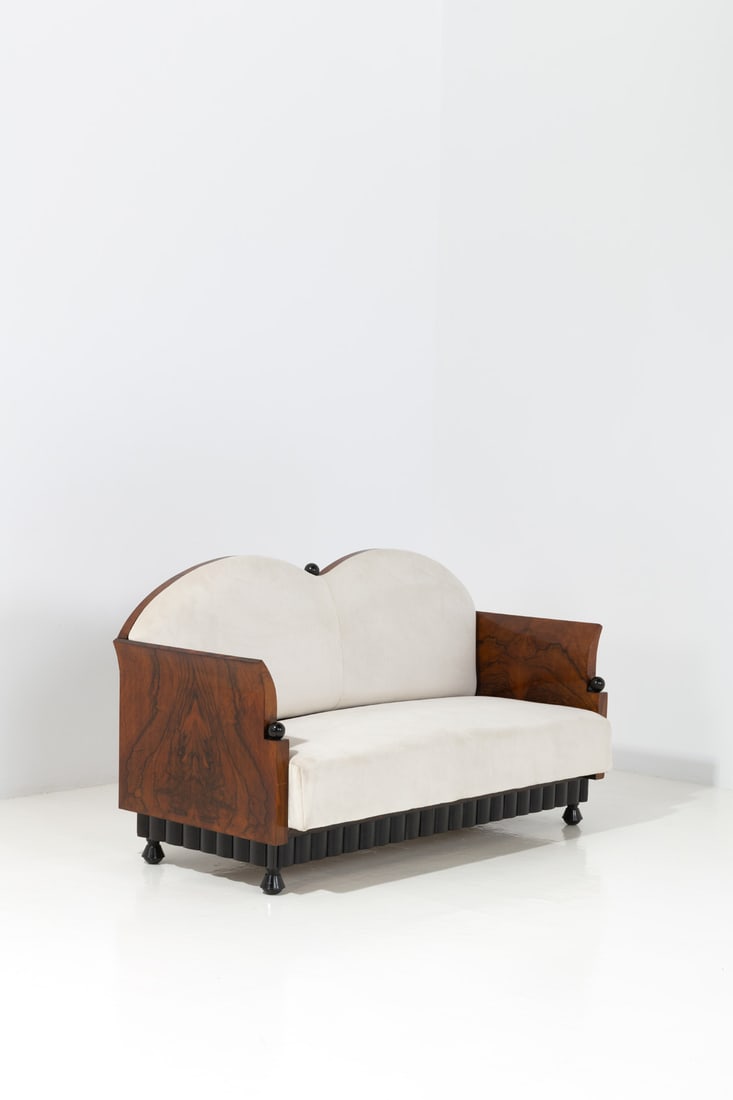Gio Ponti (1891-1979) Sofa: Gio Ponti (1891-1979)SofaWalnut burl, stained wood and fabricEdited by La RinascenteModel created in the 1930sH 78 × L 139 × W 59 cmExpertise conducted by the Gio Ponti Archives.