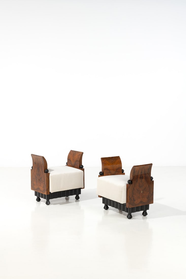 Gio Ponti (1891-1979) Pair of hassocks: Gio Ponti (1891-1979)Pair of hassocksWalnut veneer, blackened wood and fabricEdited by La RinascenteModel created in the 1930sH 58 × L 60 × W 42 cmExpertise conducted by the Gio Ponti