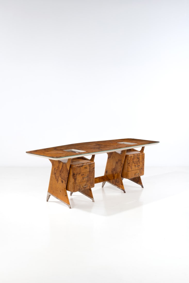 Gio Ponti (1891-1979) Desk: Gio Ponti (1891-1979)DeskElm burl and silver-plated brassProduced by Egidio Proserpio, BarsanoDesigned around 1948H 79 x W 245 x D 85 cmProvenance : Designed for DomusMazzocchi, Via Monte di Pietà