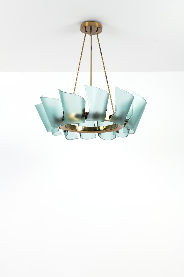 Max Ingrand (1908-1969) Suspension: Max Ingrand (1908-1969)SuspensionBrass and satin glassEdited by Fontana ArteModel created circa 1950H 80 × Ø 60 cm