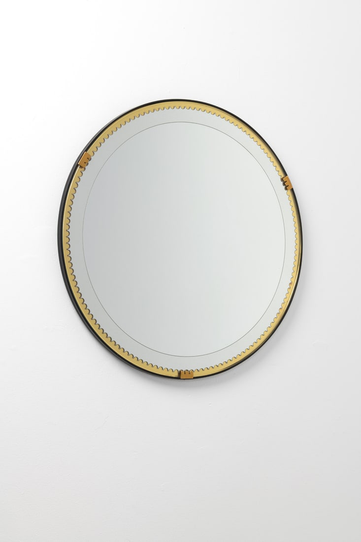 Pietro Chiesa (1892-1948) Mirror: Pietro Chiesa (1892-1948)MirrorBrass, mirror, stained and colored glass, copperEdited by Fontana ArteManufacturer’s stamp on the backModel created in the 1940sØ 61 × W 3 cm