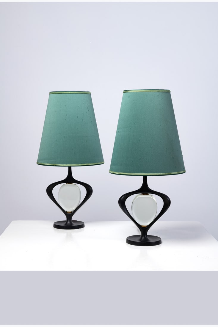 Max Ingrand (1908-1969) Pair of table lamps: Max Ingrand (1908-1969)Pair of table lampsPatinated bronze, brass, glass and fabricEdited by Fontana ArteModel created circa 1955H 59 × L 21 × W 14 cm (with lampshade)H 61 × Ø 30