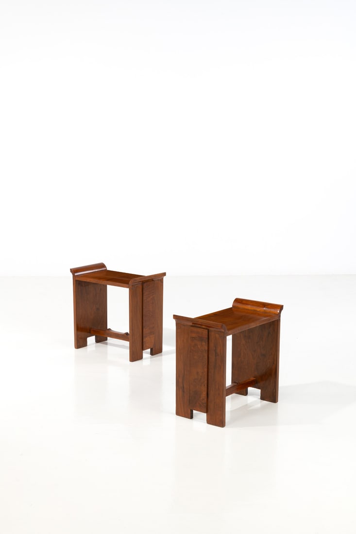 Gio Ponti (1891-1979) & Emilio Lancia (1890-1973): Gio Ponti (1891-1979)& Emilio Lancia (1890-1973)Pair of stoolsWalnutEdited by Domus NovaModel created in the 1930sH 48 × L 51 × W 26,5 cmExpertise conducted by the Gio Ponti Archives.