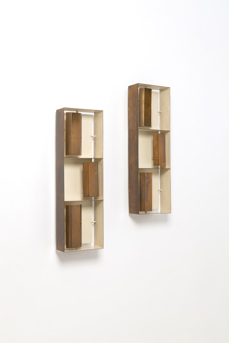 Gio Ponti (1891-1979) Pair of sconces - Model 12664, 'Finestra': Gio Ponti (1891-1979)Pair of sconces - Model 12664, 'Finestra'Lacquered metal and brassEdited by ArredoluceModel created circa 1957H 80,5 × L 25 × W 11 cmBibliography: A. Pansera, A.