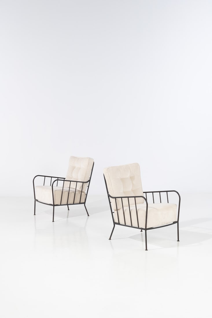 Gio Ponti (1891-1979) Pair of armchairs: Gio Ponti (1891-1979)Pair of armchairsLacquered metal and fabricModel created circa 1938H 80 × L 55 × W 67 cmBibliography: Domus no. 122, February 1938, p. 33Expertise conducted by the Gio