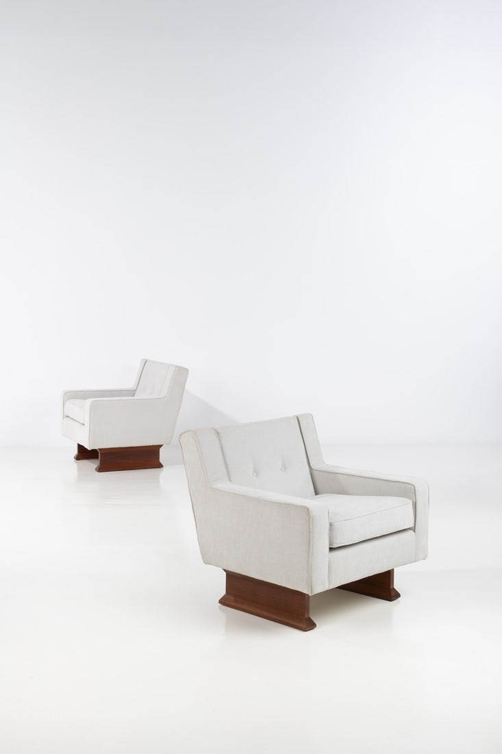 Franco Albini (1905-1977) Pair of armchairs - Model DV33: Franco Albini (1905-1977)Pair of armchairs - Model DV33Walnut and fabricEdited by PoggiModel created in 1966H 80 × L 83 × W 73 cm