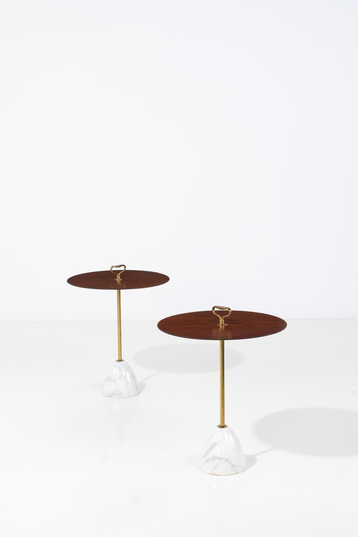 Luigi Caccia Dominioni (1913-2016) Pair of side tables: Luigi Caccia Dominioni (1913-2016)Pair of side tablesBrass, marble and woodEdited by AzucenaModel created in the 1950sH 58,5 × Ø 50 cm