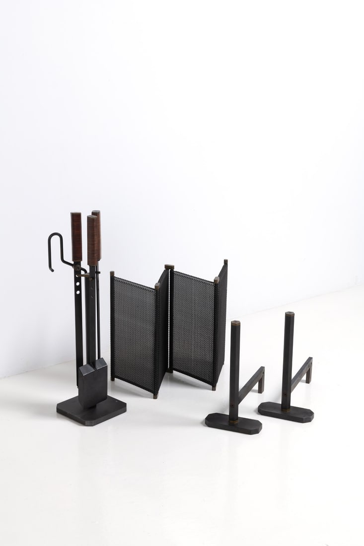 Afra (1937-2011) & Tobia Scarpa (born 1935): Afra (1937-2011)& Tobia Scarpa (born 1935)Chimney setMetal, wood, cast metal and brassEdited by Dimensione FuocoModel created in the 1980sH 38 × L 39 × W 12 cm (andirons)H 56 × L 100