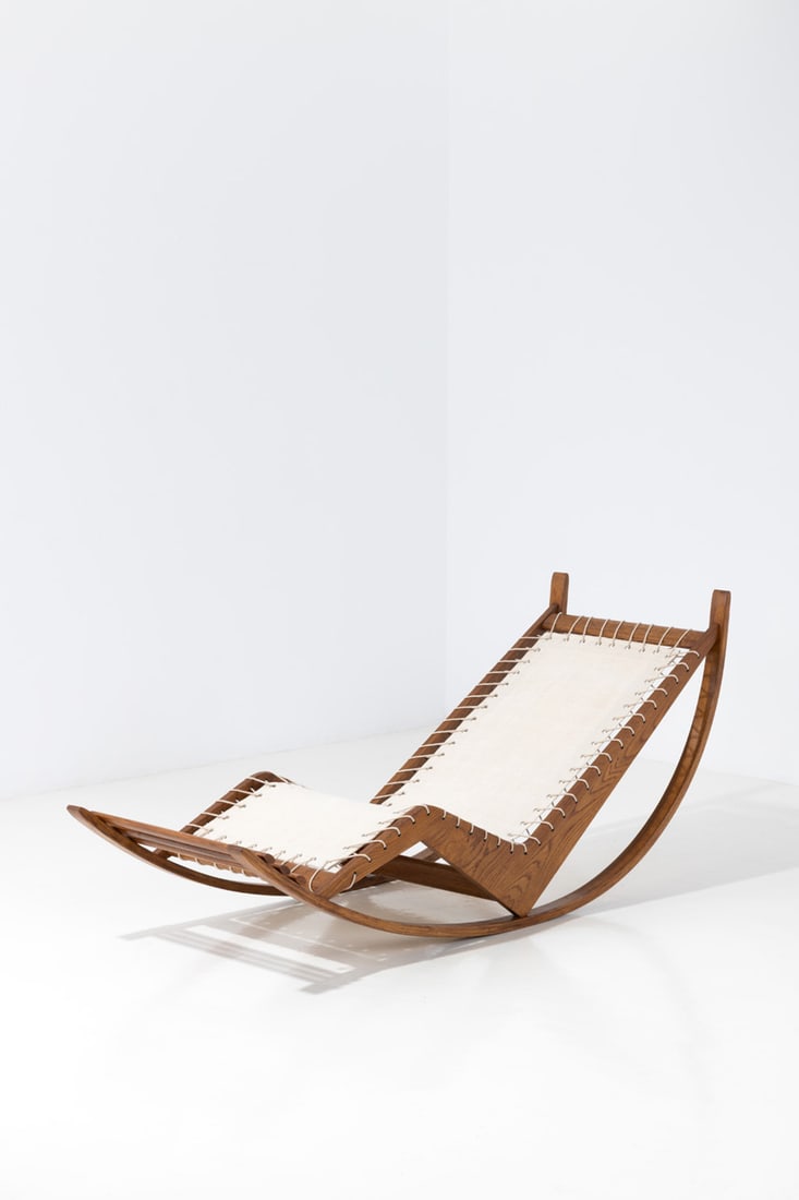Franco Albini (1905-1977) Chaise longue - Model PS16, 'Dondolo': Franco Albini (1905-1977)Chaise longue - Model PS16, 'Dondolo'Walnut and canvasModel created circa 1940H 78 × L 182 × W 62,5 cmBibliography: G. Gramigna, 'Repertorio1950/1980', Milan, 1985,