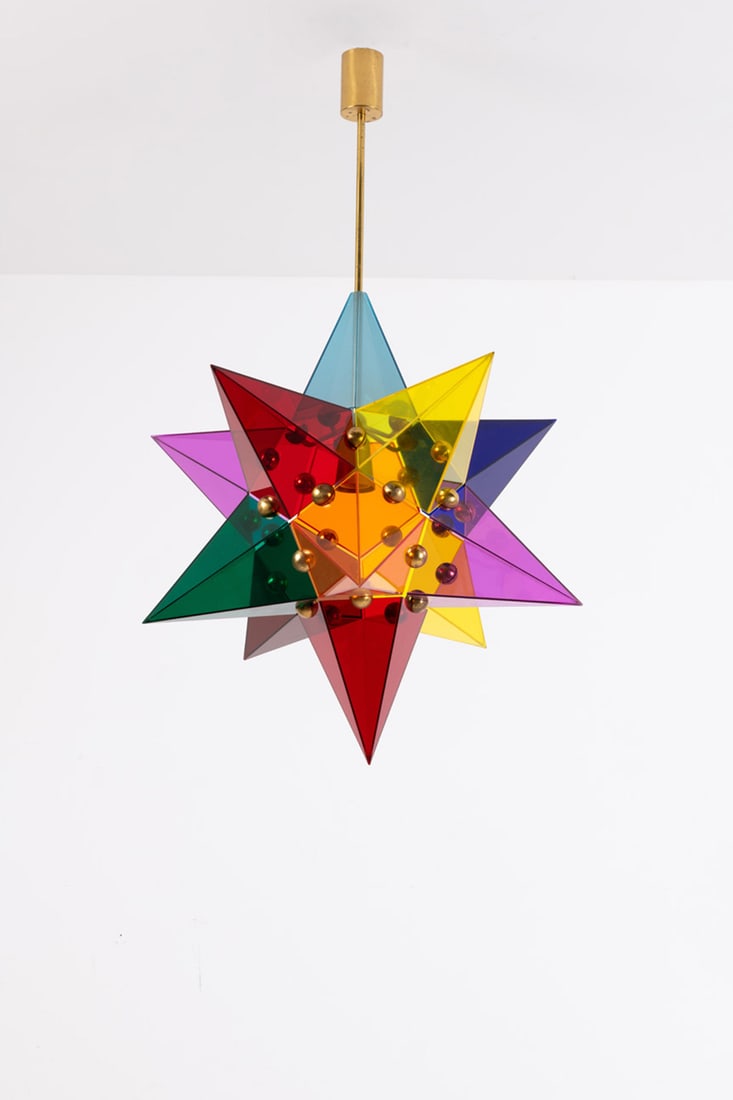 Angelo Lelii (1915-1984) Suspension: Angelo Lelii (1915-1984)SuspensionBrass, painted metal and colored acrylic glassEdited by ArredoluceModel created in the 1960sH 92 × Ø 62 cmExpertise conducted by the Arredoluce Archives.