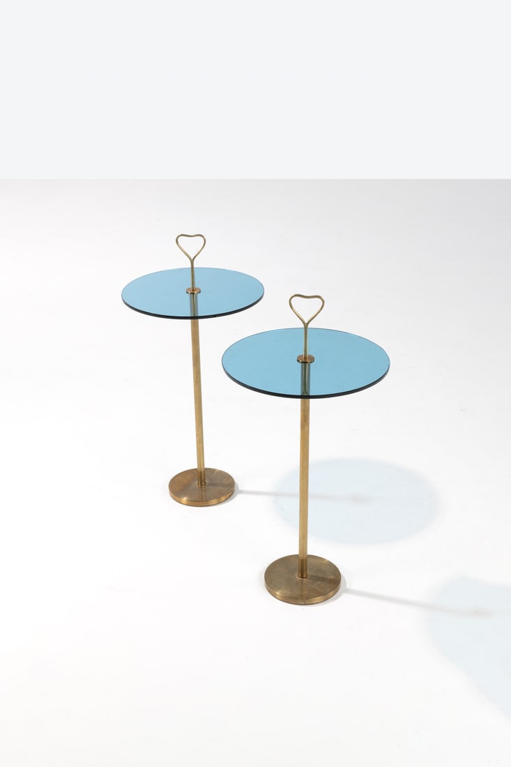Paolo Buffa (1903-1970) & Antonio Cassi Ramelli (1905-1980): Paolo Buffa (1903-1970)& Antonio Cassi Ramelli (1905-1980)Pair of side tablesStained glass and brassModel created circa 1950H 57× Ø 35 cm