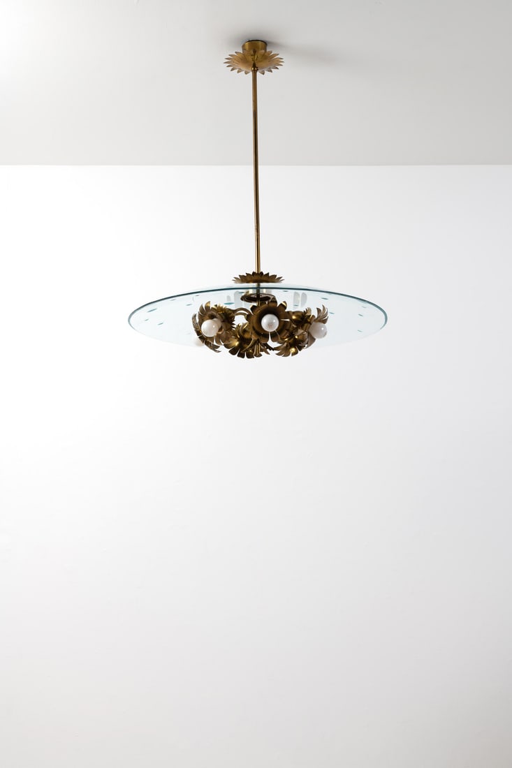 Pietro Chiesa (1876-1959) Suspension: Pietro Chiesa (1876-1959)SuspensionGlass and brassEdited by Fontana ArteModel created circa 1940H 91 cm × Ø 68 cmBibliography:- Vitrum no. 100, Fontana Arte in Caracas, 'Fleur'suspension- R.
