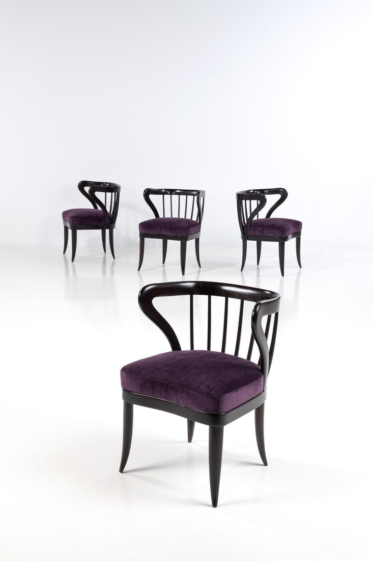 Guglielmo Ulrich (1904-1977) Set of four chairs: Guglielmo Ulrich (1904-1977)Set of four chairsLacquered wood and fabricModel created in the 1940sH 73 × L 56 × W 46 cm