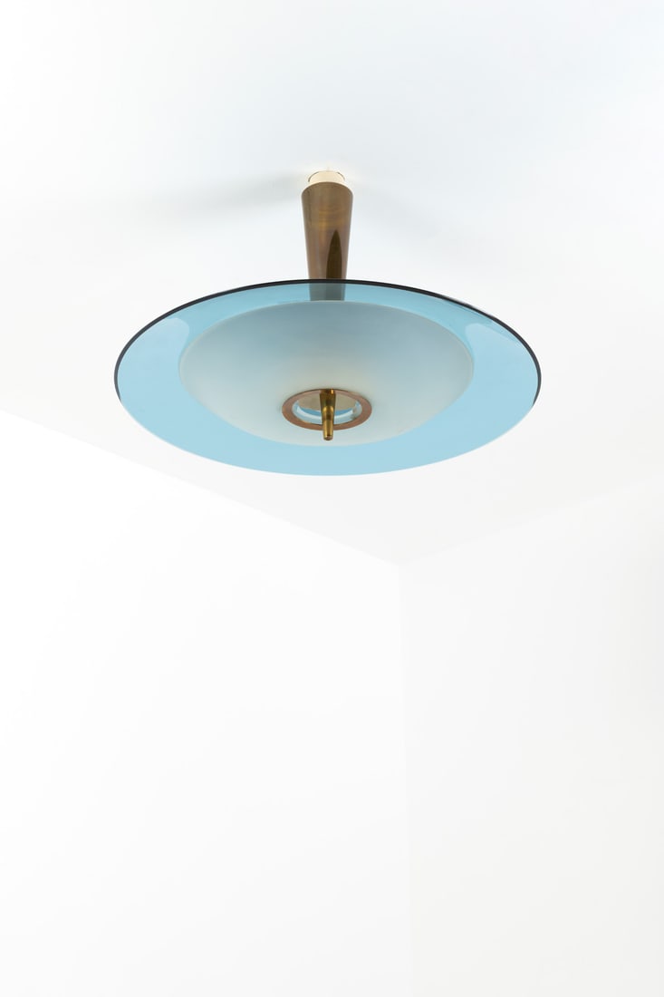 xx Max Ingrand (1908-1969) Ceiling lamp - Model 1462: xx Max Ingrand (1908-1969)Ceiling lamp - Model 1462Stained glass, opaque glass and brassEdited by Fontana ArteModel created circa 1956H 50 × Ø 72cmBibliography: Fontana Arte, catalogue no. 6