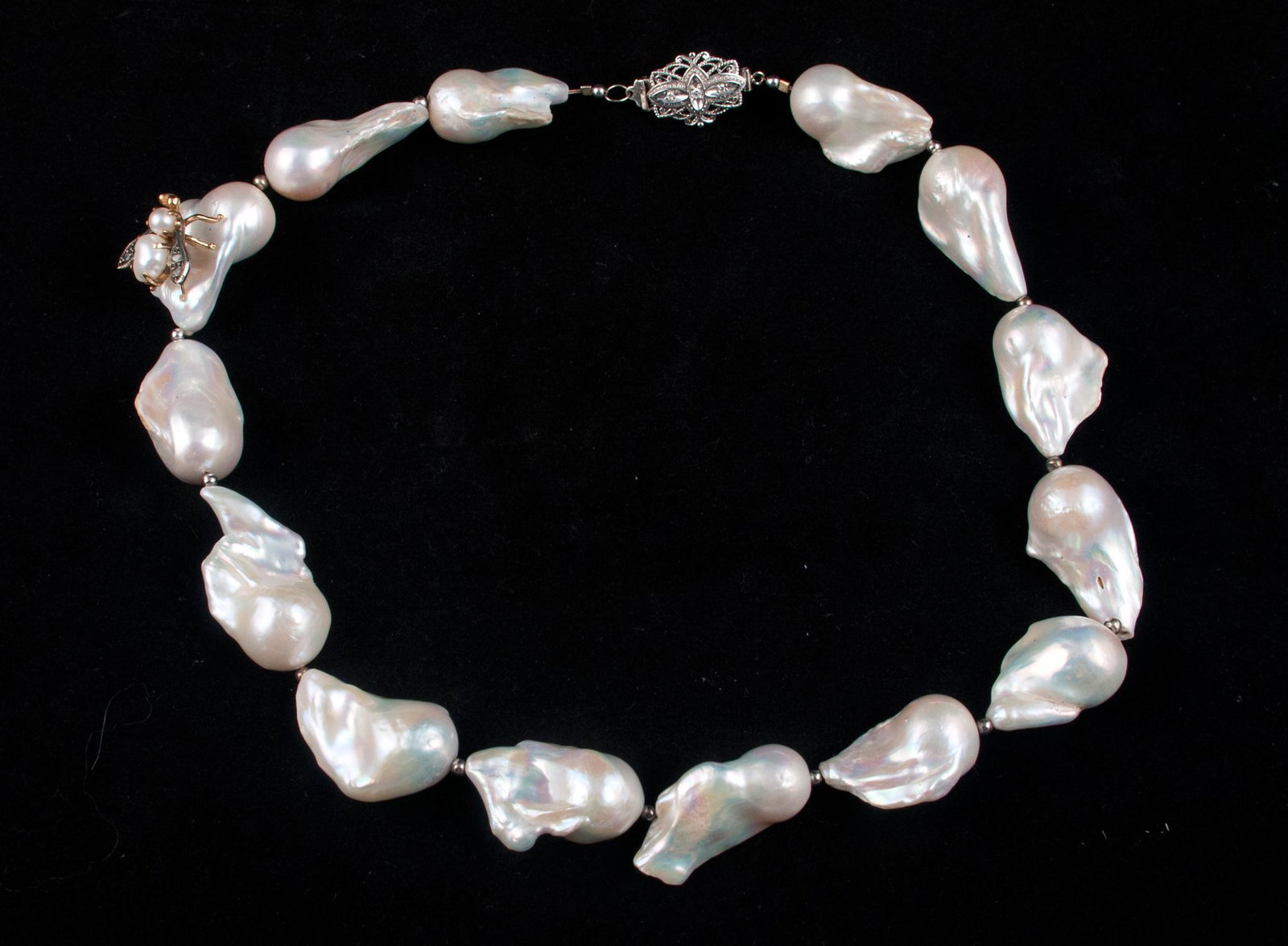 Baroque pearl necklace: Large 20mm white baroque pearls with Victorian platinum diamond clasp and Victorian bee pin