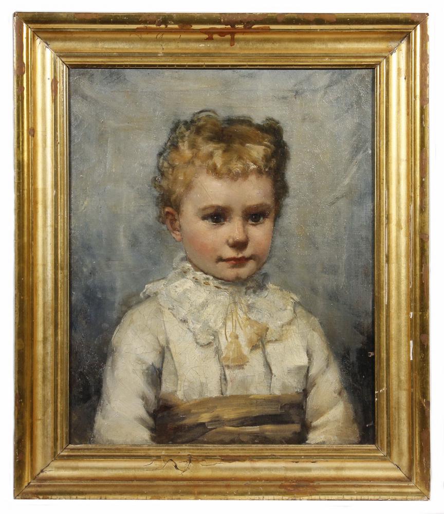 UNIDENTIFIED 19TH C. NEW ENGLAND ARTIST: Bust Portrait of a Young Blonde Child in Summer Dress, oil on canvas, unsigned, circa 1880, in lemon gold molded frame, OS: 22 1/2" x 19 1/2", SS: 17 1/2" x 14 1/2". Overall fine craquelure.