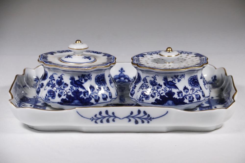 (3 PC) MEISSEN PORCELAIN INKSTAND: Late 19th - Early 20th c. Meissen German Porcelain Inkstand, Bird and Rock pattern, cobalt blue decoration with gilt rims, blue cross swords mark with: lidded ink pot, 3 1/2" high, 4 1/4" diam.; sande