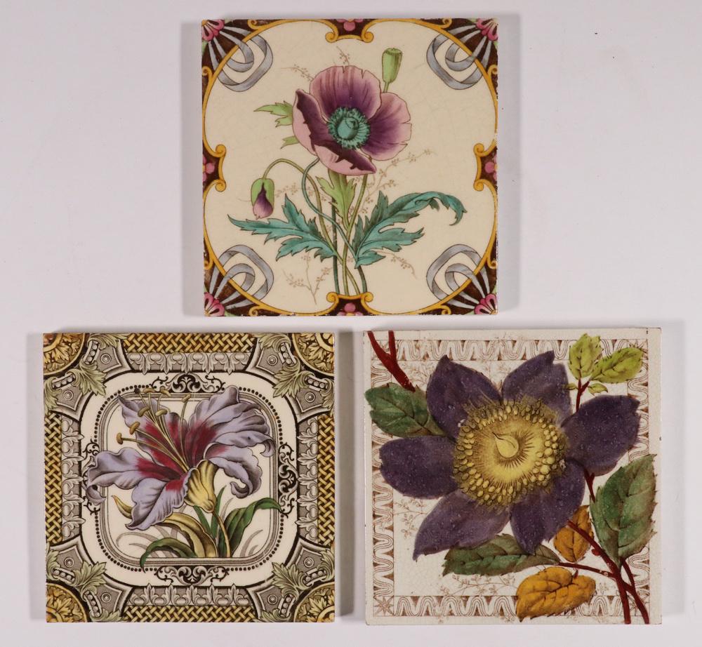 (3) ENGLISH FLORAL CERAMIC TILES: Group of (3) Late 19th - Early 20th c. English Floral Design Tiles, 6" sq., including: Poppy by Mintons China Works, Stoke-on-Trent, No. 2623, transfer printed and hand painted, base edge chips; Lily 