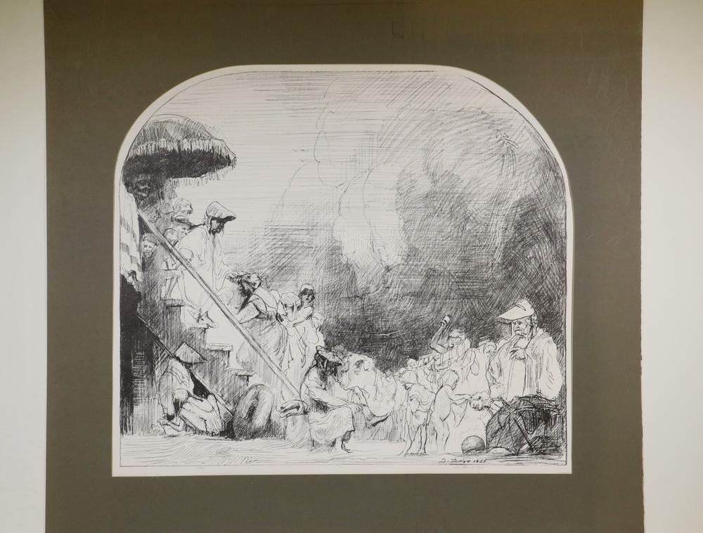 DAVID LEVINE (NY, 1926-2009): Coney Island, monumental lithograph with arched top, signed and dated 1961 in the print, pencil signed and dated, numbered 14/16, unframed, tipped to mat, 21" x 24" image. Light bend upper left, tear