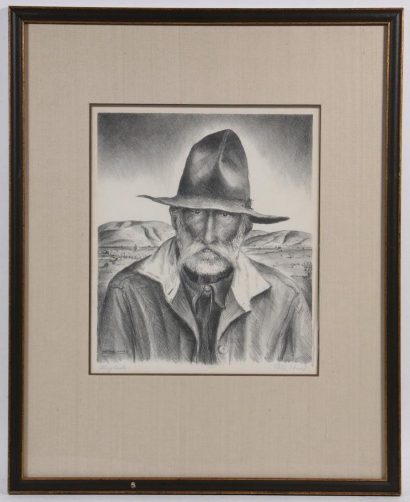 PETER HURD (NM/PA, 1904-1984): "Sheepherder", stone lithograph, signed in print, pencil signed and titled, in black and gold frame with silk mat, OS: 21" x 17", image: 11" x 9 1/4". Good condition, light edge toning.