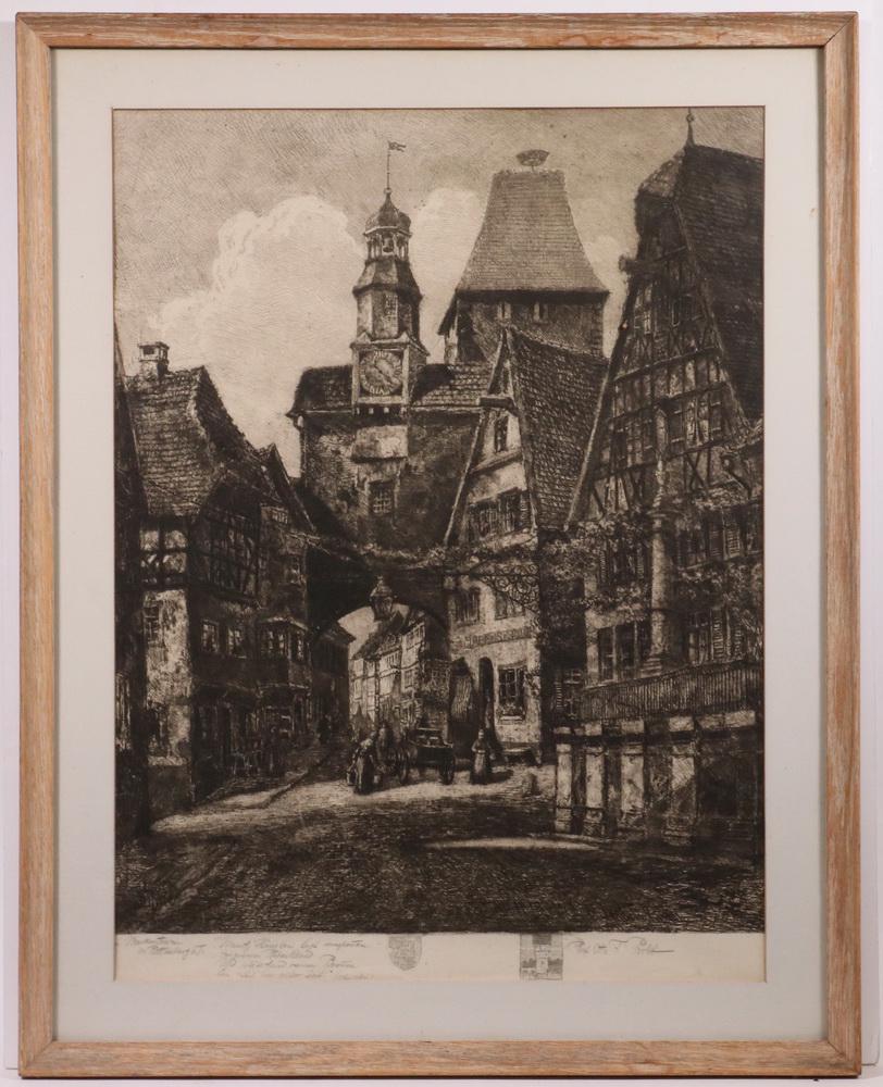 PROF. OTTO FERDINAND PROBST (GERMANY, 1865-1923): "Stadtgasse in Rothenburg mit Markustrum", etching on paper with signature, inscription and remarque in the lower margin, in oak frame, matted and glazed, OS: 24" x 19", SS: 20" x 14 3/4". Good condit