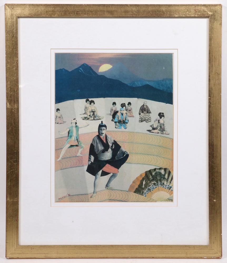 BOB BENT (20TH C. VIRGINIA): "Kabuki", collage on paper, signed lower left, dated '86, titled verso, in gold box frame, matted and glazed, OS: 16 1/2" x 14 1/4", SS: 9 3/4" x 7 3/4". Good condition.