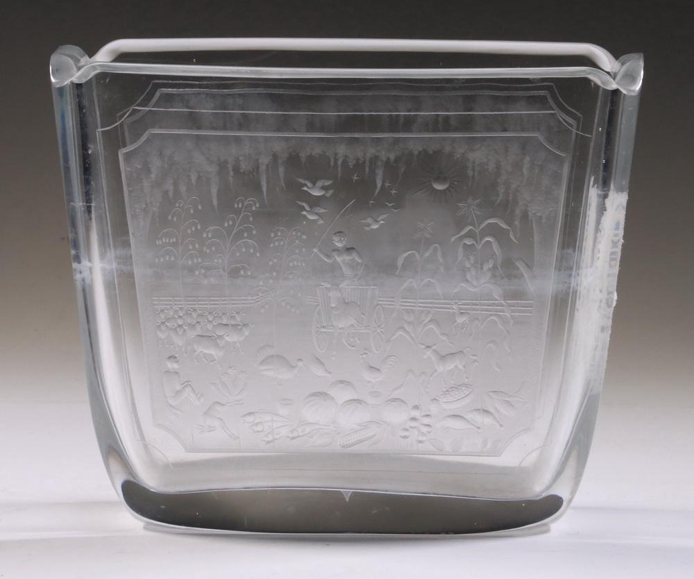 ORREFORS ART GLASS VASE ENGRAVED BY ERNST ABERG: Mid-20th c. Orrefors Swedish Clear Art Glass Rectangular Vase, with elaborate engraved decoration by Ernst Aberg, one side depicting a country homestead labeled 'Snee Farm, 1756', reverse depicting a 