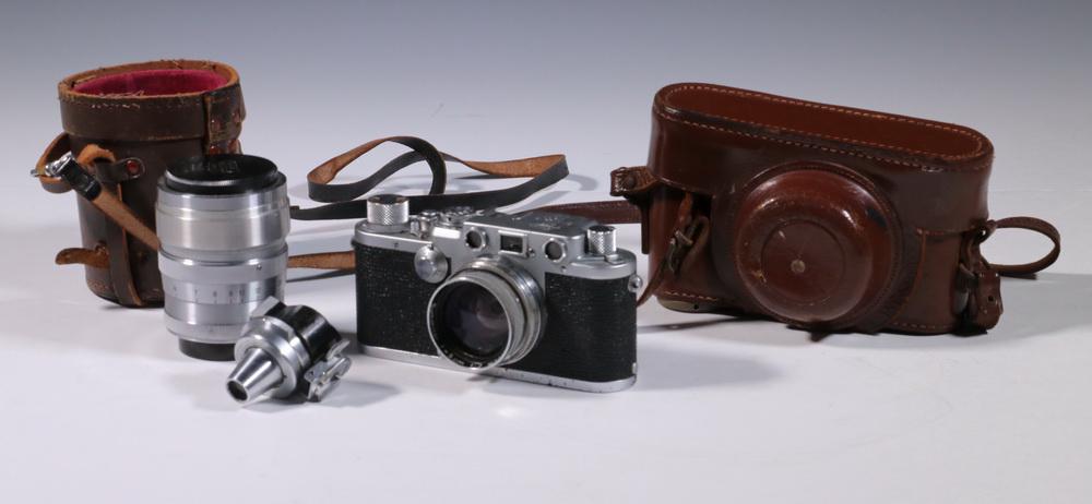 LEICA CAMERA WITH VIEWFINDER & SUMMITAR & NIKKOR LENSES: Leica Ernest Leitz Wetzlar Model IIIf, 1951-52, Nr. 595660, with screw mount Summitar f = 5cm 1:2 lens, Nr 931420, with original brown leather case; PLUS Nippon Kosatsu Nikkor-PC 1:2 f = 8.5 cm No.291