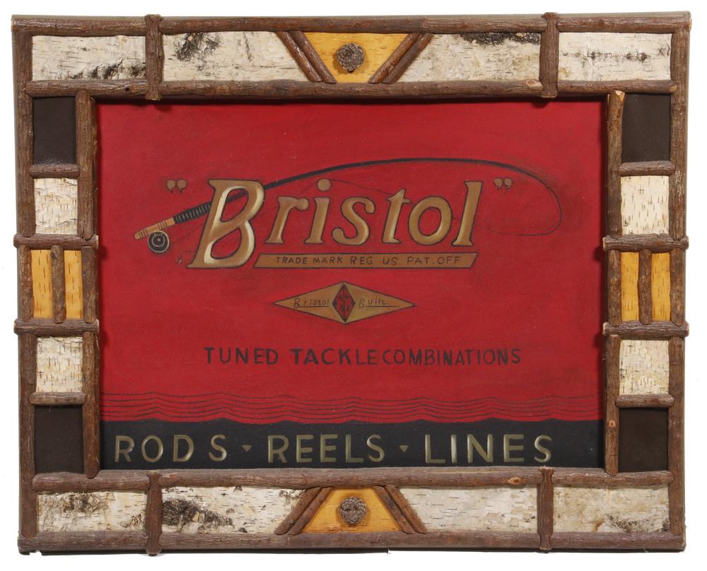FRAMED PAINTED BRISTOL FISHING RODS & REELS SIGN (1 of 2)