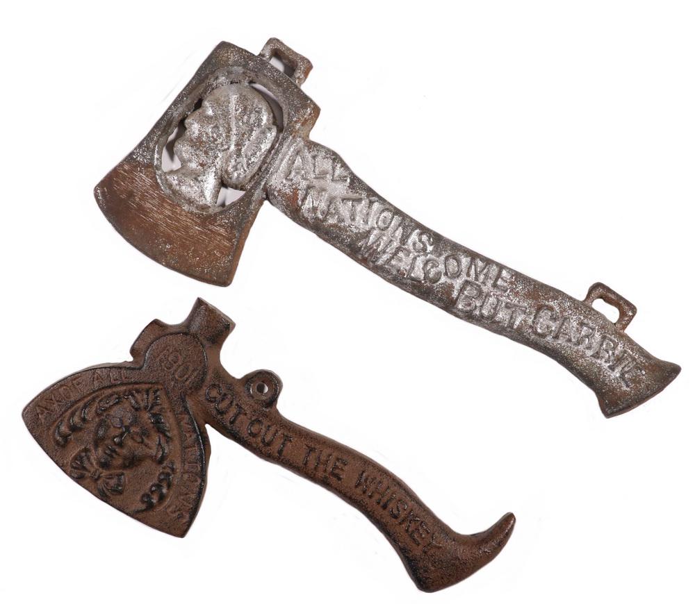 (2) CAST IRON TEMPERANCE PROPOGANDA 'HATCHETS' (1 of 2)