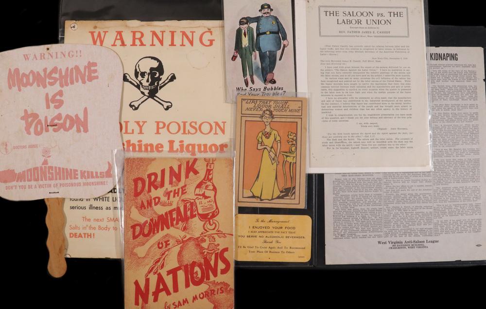 (13) LOOSE TEMPERANCE/PROHIBITION PIECES: Including: WWI Propaganda "The Ally of the Hun, The Foe of America", matching bottles by Anthony Fraioly, Mar 1918, United Committee on War Temperance, 14" x 11"; PLUS "In Careful Tests Sharpshooters 