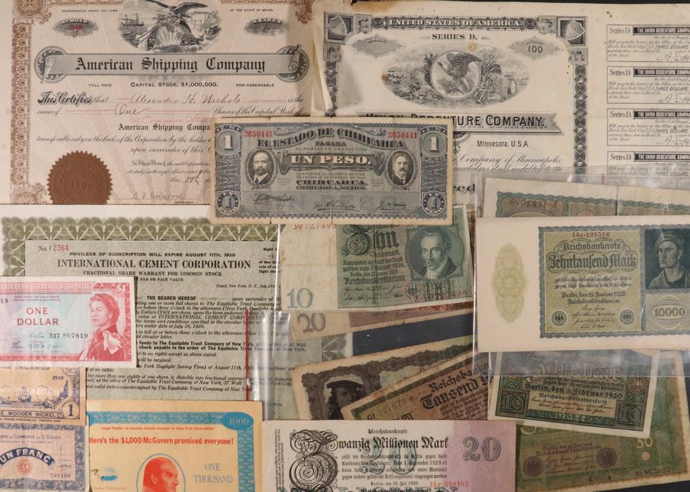 LOT OF FOREIGN CURRENCY & STOCKS, ETC. (1 of 2)