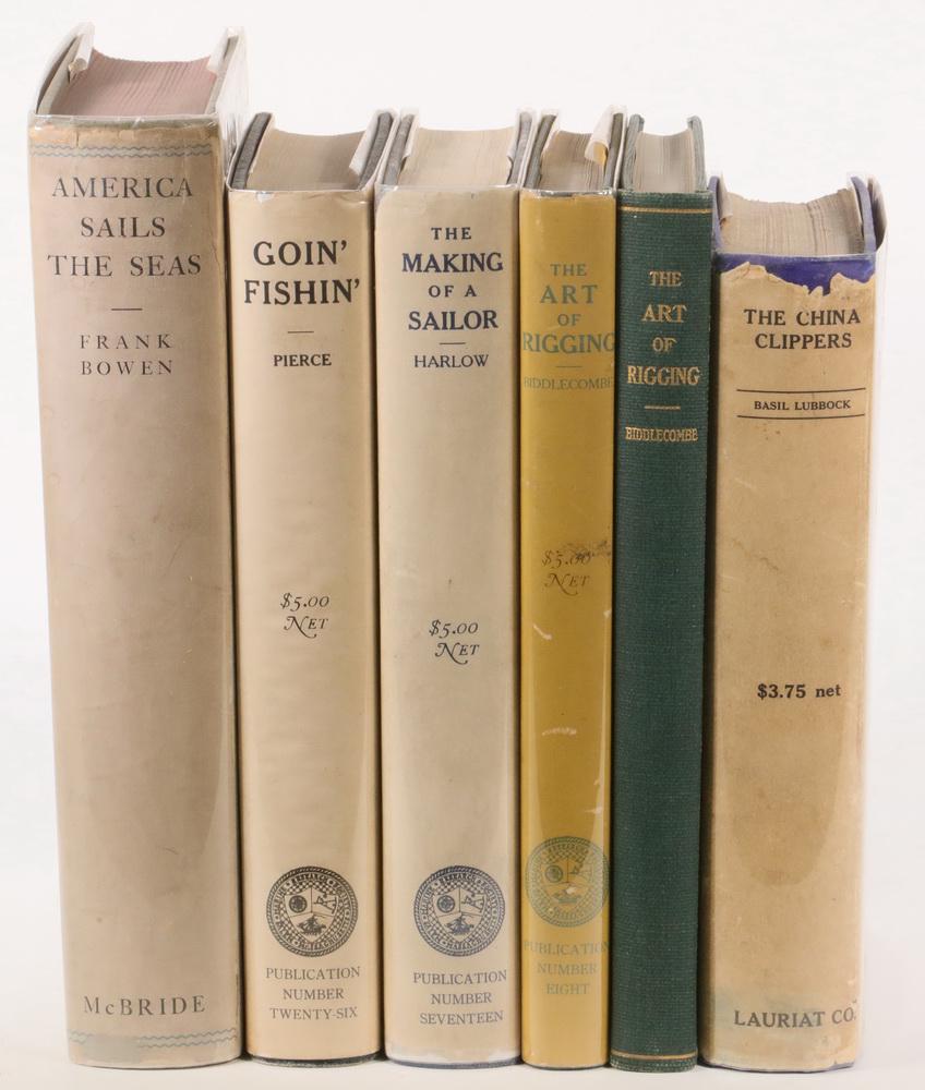(6) SCARCE BOOKS ON SAILING AND THE SEA: Including: "America Sails the Sea: The History and Romance of America on the High Seas from the 15th to the 19th Century" by Frank C. Bowen; Robert M. McBride & Co. New York, 1938, first edition, with