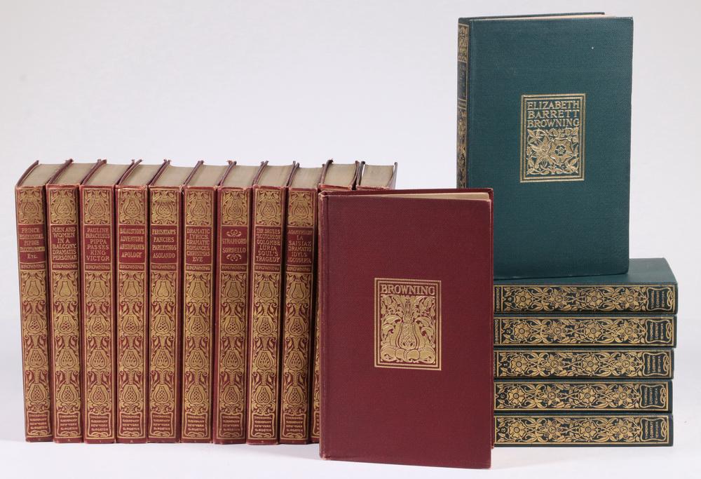 CROWELL MINIATURE EDITIONS (12) ROBERT BROWNING, (6): Tribute to the husband and wife poets, clothbound, circa 1900, Thomas Y. Crowell & Co, New York, he in red cloth, she in green cloth, matching gilt titles and decoration. 4" x 6". Very good condition.