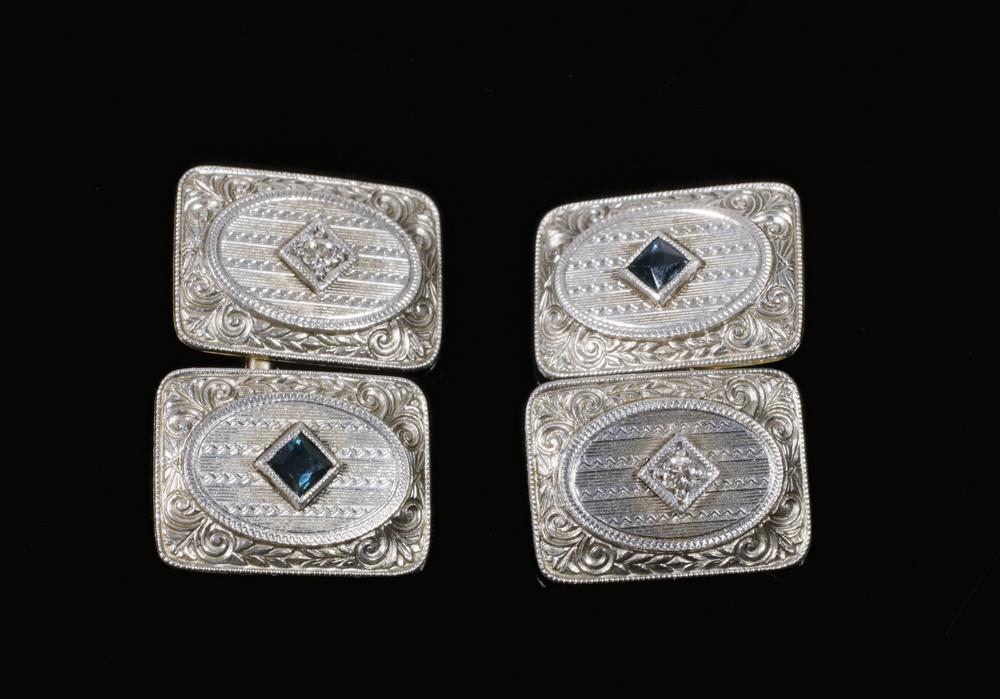 14K GOLD CUFFLINKS: Pair of Cufflinks, c. 1920, in 14K yellow and white gold, each set with (1) small diamond and (1) small sapphire. 4.0 dwt tw.