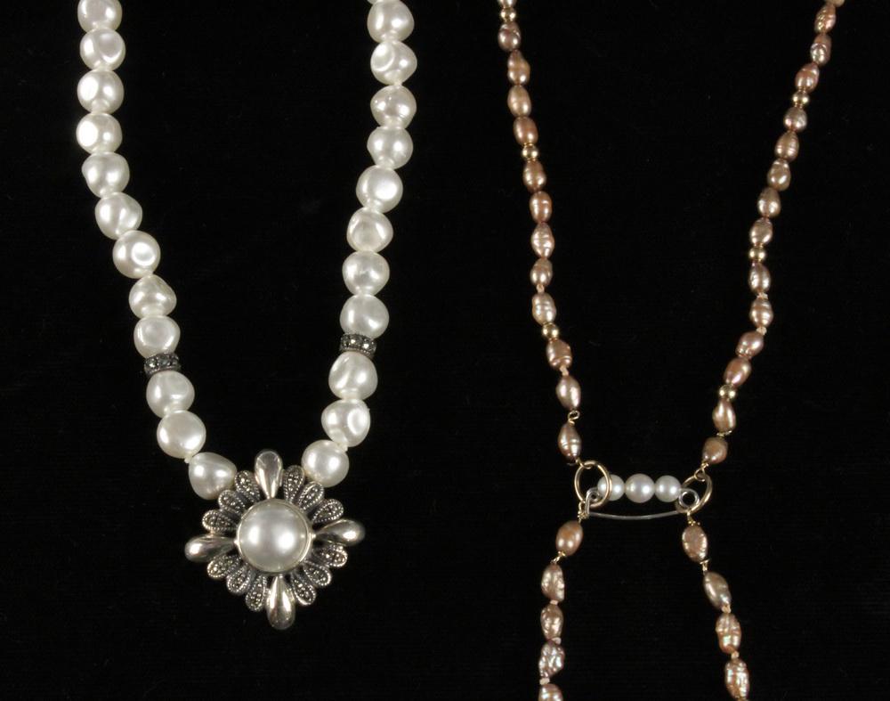 (2) PEARL NECKLACES: (2) Pearl Necklaces, including: Judith Jack faux pearl choker necklace, with sterling silver and marcasite pendant and spacers, 15 1/2" long; and Strand of tiny freshwater pearls with gold bead spacer